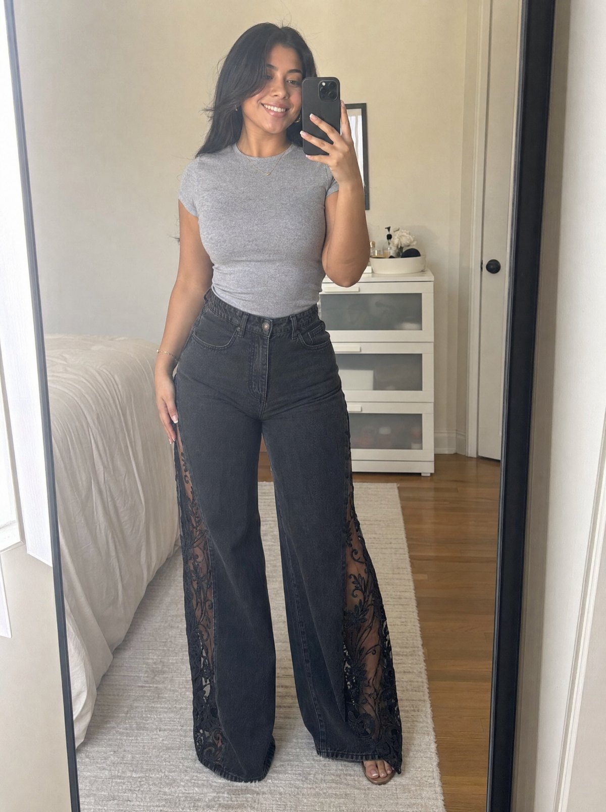 Black lace slit jeans on a curvy fit, mirror photo