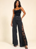 Black lace slit wide-leg jeans, front view