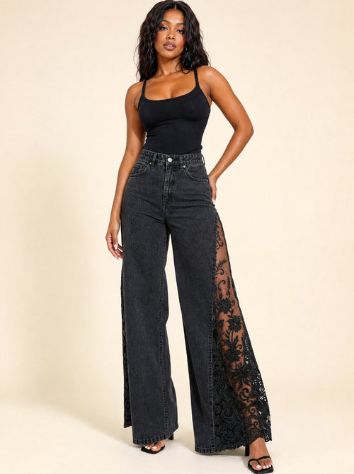 Black lace slit wide-leg jeans, front view