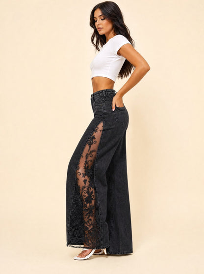 Black lace slit jeans, side view showing the full slit