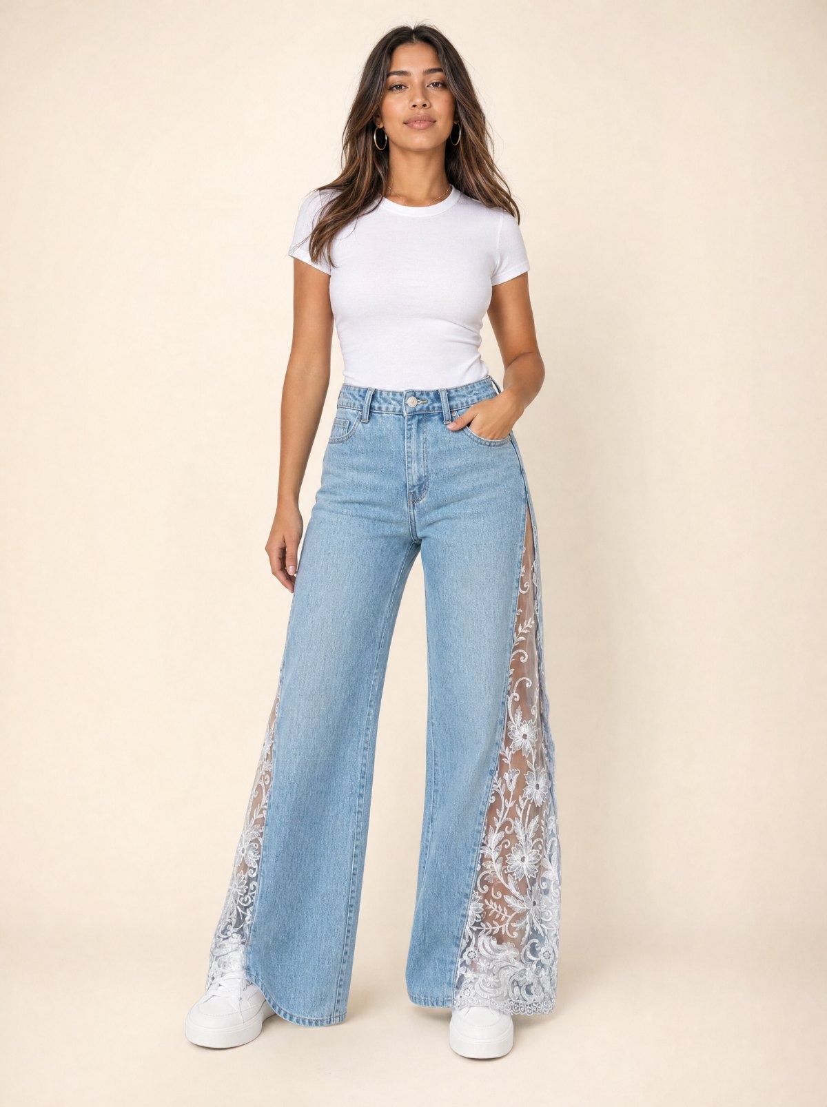 Blue lace slit wide-leg jeans, front view