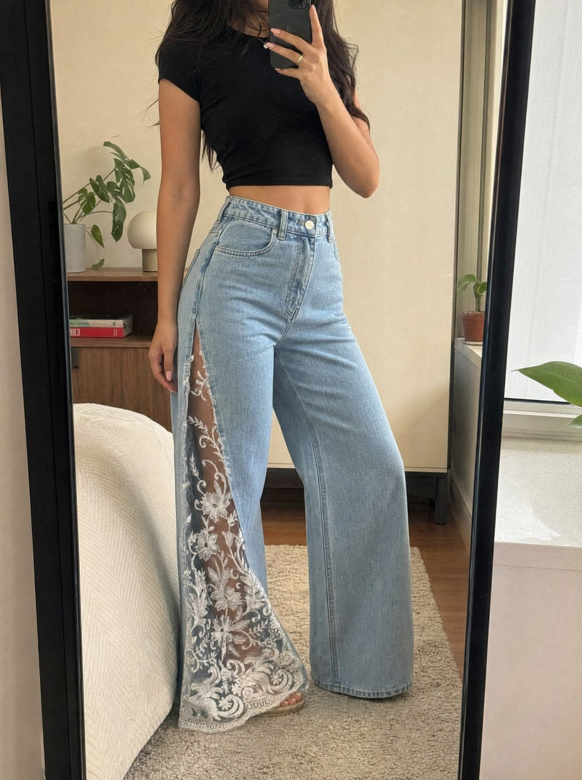 Blue lace slit jeans, mirror try-on