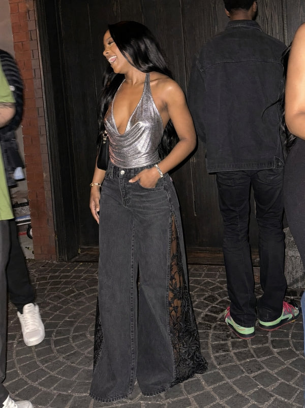 Flash on, night out: Black + silver halter