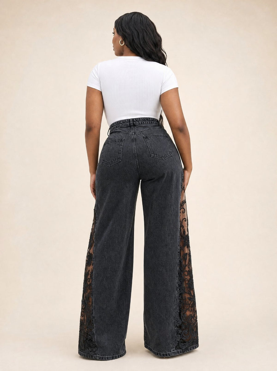 Back view of the black lace slit jeans