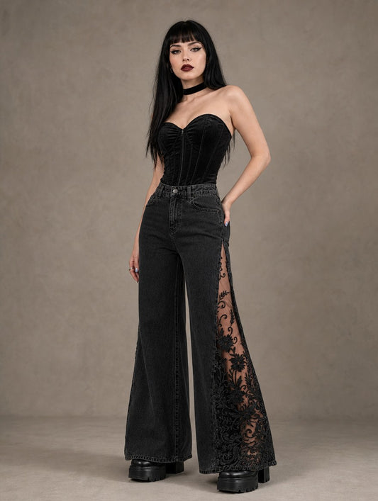 Goth model in the black lace slit wide-leg jeans, front view